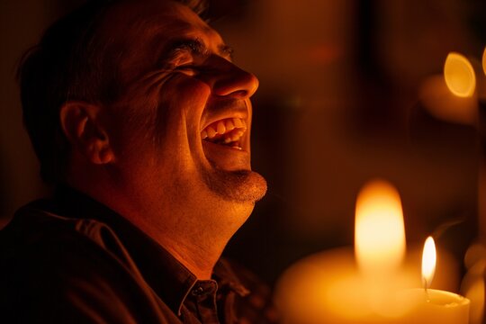An intimate shot of a man laughing heartily, his face illuminated by the warm glow of candlelight, capturing the warmth and sincerity of the moment
