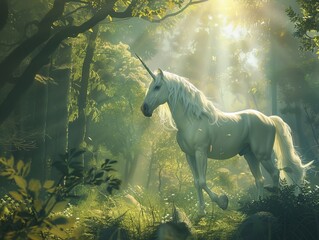 Enter the enchanting realm of a magical forest where a beautiful unicorn roams freely, captured in a captivating digital illustration