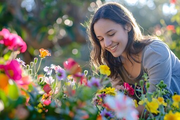 Naklejka premium A young woman happily tending to a colorful garden filled with blooming flowers, the scenery softly blurred