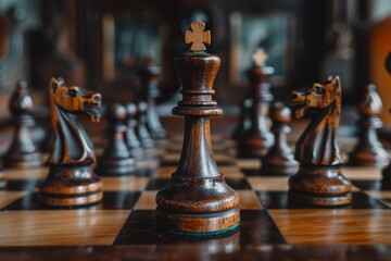 Fototapeta premium Chess Strategy Game with Closeup of King Piece on Wooden Chessboard, Intellectual Challenge and Focus