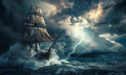 Obraz premium Capture the drama of a sailing old ship battling through stormy seas, set against a backdrop of turbulent clouds pierced by lightning
