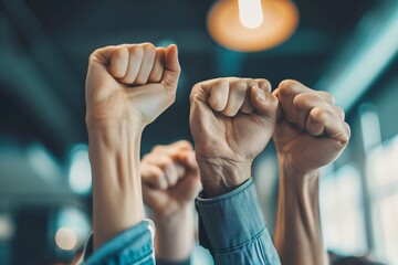 A team of professionals raising their fists in triumph after a successful project completion