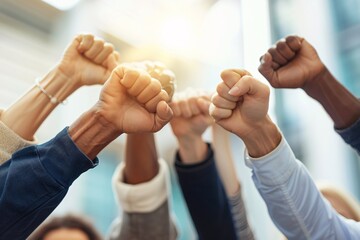 A team of professionals raising their fists in triumph after a successful project completion