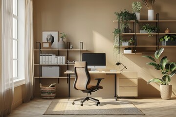 Minimalist Home Office Mockup: A functional workspace with a customizable desk, ergonomic chair, and ample storage