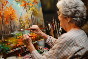 A senior woman happily painting a landscape in her art studio, surrounded by the vibrant colors of...