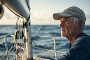 A senior man contentedly sailing on a sailboat in the open sea, surrounded by the vastness of the ocean, the scene softly blurred