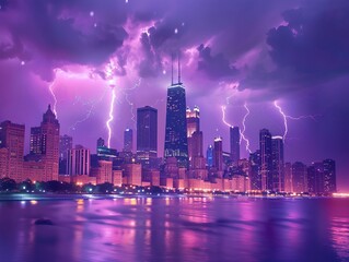 Experience the breathtaking scene of a lightning storm illuminating the cityscape with a captivating purple glow. Witness the fusion of natural power and urban beauty in this mesmerizing display