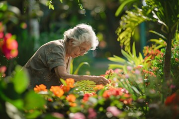 A senior citizen contentedly gardening in a colorful backyard, surrounded by lush foliage, the scene softly blurred
