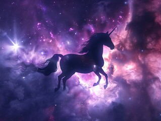 Experience the ethereal beauty of a unicorn silhouette set against the backdrop of a galaxy nebula cloud in this captivating illustration concept
