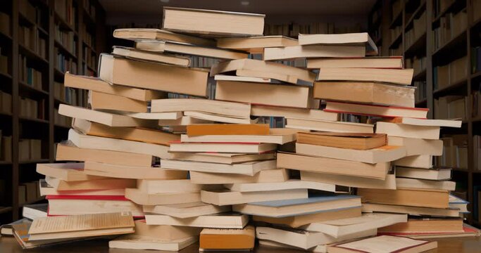 Books Pile Build Stop Motion Loop in Library wide room