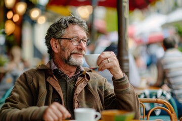 A middle-aged man contentedly sipping coffee at a colorful café terrace, surrounded by bustling city life, the café scene softly blurred