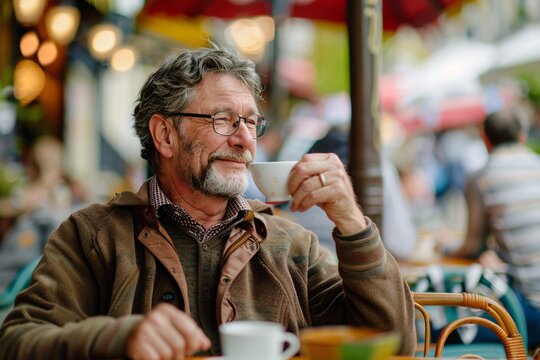 A middle-aged man contentedly sipping coffee at a colorful café terrace, surrounded by bustling city life, the café scene softly blurred - Powered by Adobe