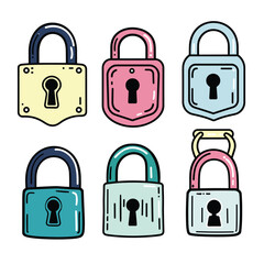 Six colorful padlock illustrations cartoon style security locks. Handdrawn pastel security padlocks black keyholes contrasting. Cartoon padlocks, colorful icons isolated white