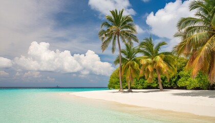 bright tropical landscape with beautiful palm trees turquoise ocean and blue sky with clouds white sand beach on island in maldives