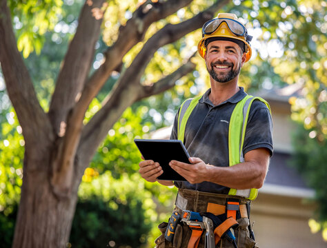 Professional landscape arborist technician using a tablet to provide a customer a quote on the outdoor job site, green service industry worker integrating with technology to keep customers happy 