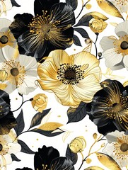 Indulge in opulence with a luxury gold wallpaper featuring a striking black and white floral pattern accented with shimmering golden hues. This wall art design exudes elegance and sophistication