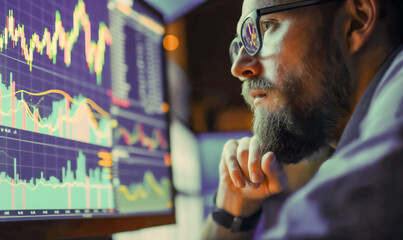 Data analysis to increase sales and revenue. Man sitting with laptop and working with growing graph. Business data analytics concept.