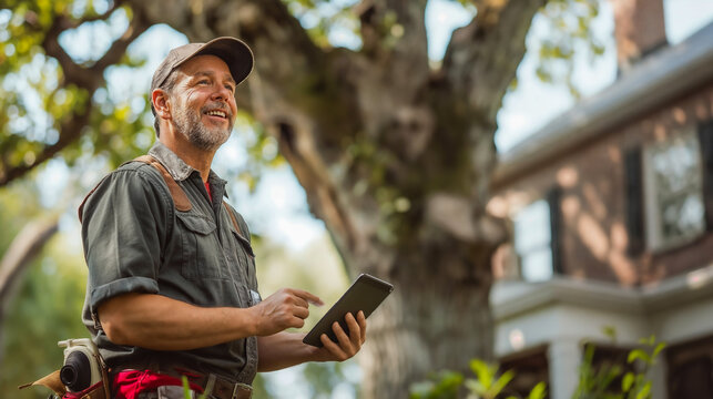 Professional landscape arborist technician using a tablet on the outdoor job site, green service industry worker integrating with technology