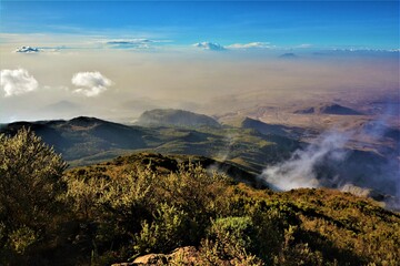 View of the picturesque volcanic landscape taken from the top of Little Meru (3820 m), during the...