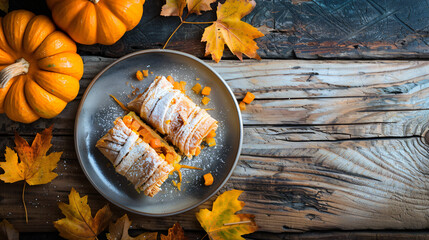 Plate with pieces of tasty pumpkin strudel on wooden 