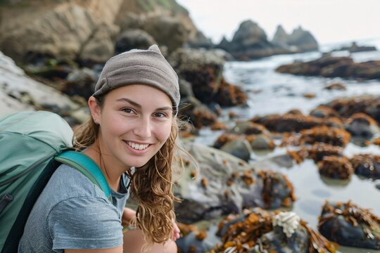 A young woman happily exploring tide pools, fascinated by the diversity of marine creatures and the ebb and flow of the tides - Powered by Adobe