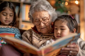 A senior woman contentedly reading a colorful storybook to her grandchildren in a cozy living room, surrounded by warmth and love, the scene softly blurred