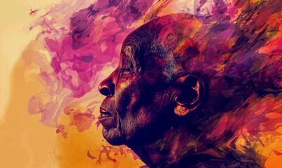 Abstract lonely aging brain concept. Elder senior with alzheimer's demential memory loss. Aging brains. Forgetfulness. Foggy, forgetful, alone. Colorful mind energy. African american, black - obrazy, fototapety, plakaty
