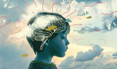 Child with Autism or ADHD, day dreaming kid girl boy with mental illness, anxiety, Neurodivergent, different. Focus, attention. Learning disability. 