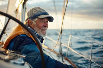 A senior man contentedly sailing on a sailboat in the open sea, surrounded by the vastness of the ocean, the scene softly blurred