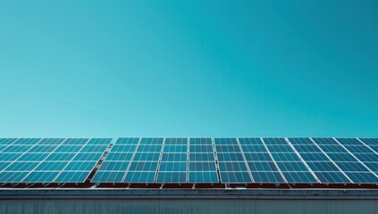 Enhance the visual appeal of the image by juxtaposing the clean lines of the solar panel fence against a clear blue sky.