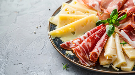 Plate with slices of tasty jamon and cheese on light b