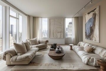 Contemporary Living Room: Neutral color palette, plush seating, minimalist coffee table, abstract wall art, floor-to-ceiling windows