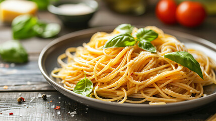 Plate with spaghetti and basil on table