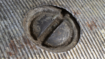 Close up of a bolt with a rusty screw. the adjusting bolt of the generator of the car