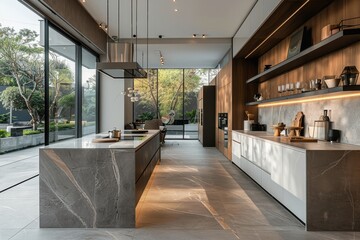 Modern Kitchen Mockup: An open-concept kitchen with minimalist cabinetry, customizable countertops, and stainless steel appliances