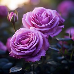 Closeup of dewcovered purple roses in early morning light, highlighting the delicate petal textures