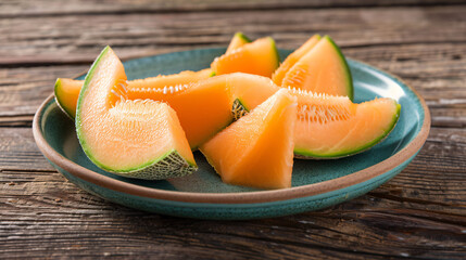 Plate with sweet cut melon on wooden background