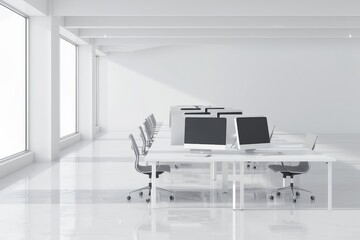 Fototapeta premium Simplicity in Workplaces: Minimalist Office Corner with Natural Light and Ergonomic Seating