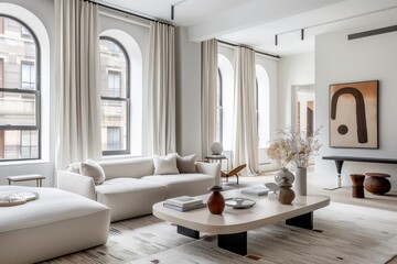 Sleek Minimalist Living Room with Neutral Palette and Modern Sculptural Decor