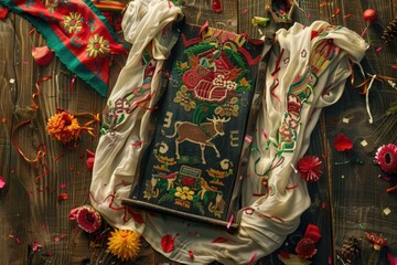 Naklejka premium San Fermin festival display with red scarves, traditional white clothing, and bull running symbol on wooden background