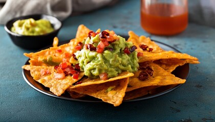 close up of nachos with guacamole and salsa