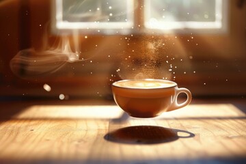 Levitating Espresso Cup on Cherry Wood Background, Steam Highlighted by Backlight