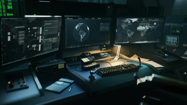 Operating the modern satellite spy computer technology from the control room. Military using the satellite spy computer software. Locating the satellite positions with a spy computer system.