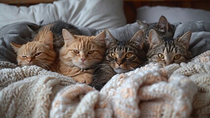 An adorable group of cats snuggling in bed. 