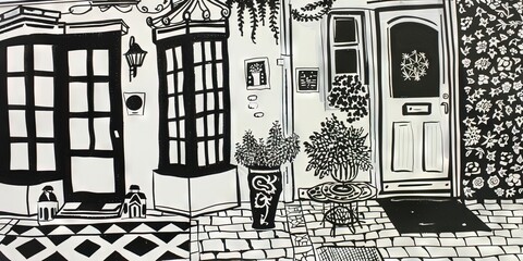 Fototapeta premium black and white simple etching of home front door - coloring book page for vacation
