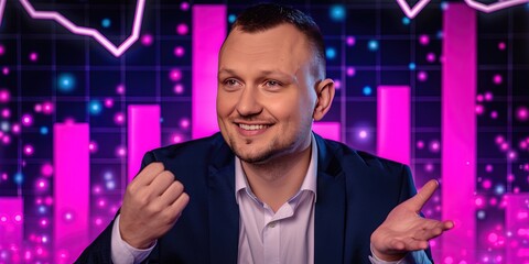 A well-dressed businessman smiling and speaking in front of bar graphs