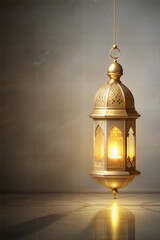 Elegant golden lantern with a lit candle inside, illuminating a warm light, symbolizes the holy months of ramadan and eid al adha against a subtle, islamic pattern background