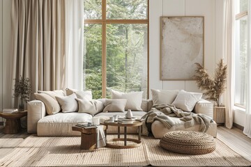 Scandinavian-inspired Living Room Mockup: A light-filled space with neutral tones, natural textures, and cozy furnishings