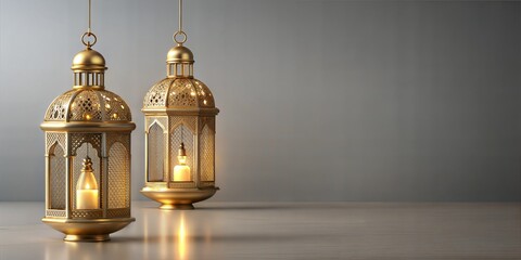 Obraz premium Two traditional islamic lanterns hang gracefully, emitting a warm glow, symbolizing the holy months of ramadan and eid, creating an inspiring eid mubarak and eid aladha backdrop
