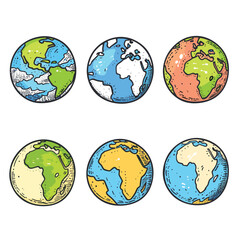 Six colorful globe illustrations showing various continents oceans cartoon style. Educational materials geography, different world views isolated white background. Earth drawings depict planet